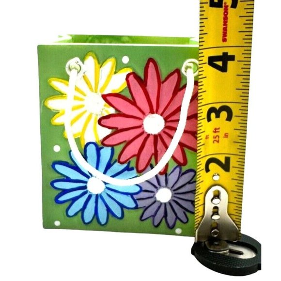 Ceramic Gift Bag Planter Vase Pen Cup Green Multicolor 1980s Floral Pattern 4" - Picture 7 of 9